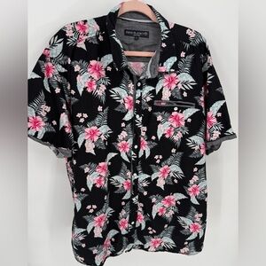 Free Planet Men's Tropical Floral Print Short Sleeve Button Up Black Shirt